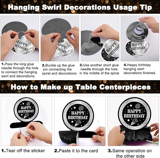 Black and Silver Birthday Decorations, BIack Birthday Decoretions for Men Women Boys Girls with Black Happy Birthday Banner Tablecloth Backdrop Balloons Arch Garland Kit Decorations Party Supplies