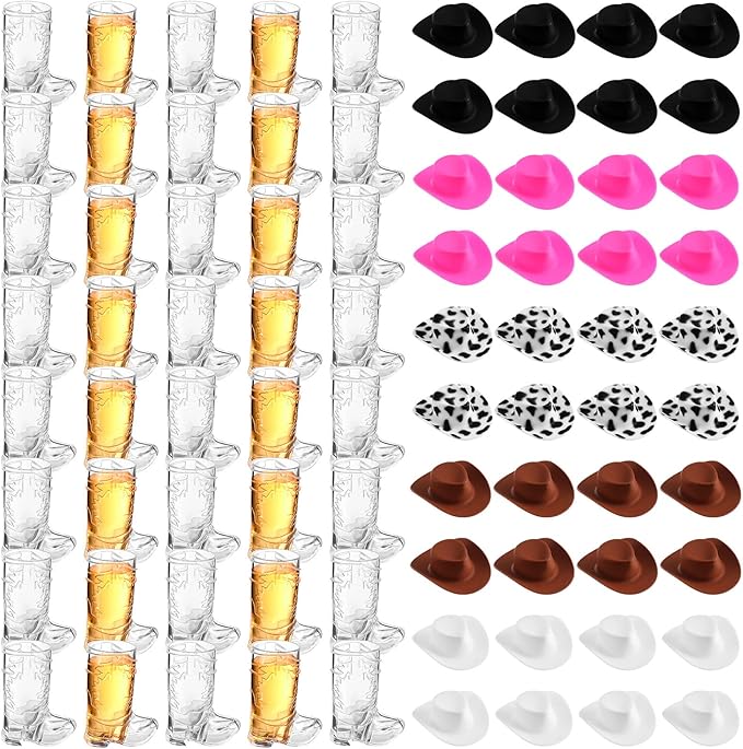 Sumind 80 Pcs Western Party Decoration Supplies Plastic Mini Cowboy Hats with 1 oz Miniature Cowgirl Cowboy Boot Shot Glasses