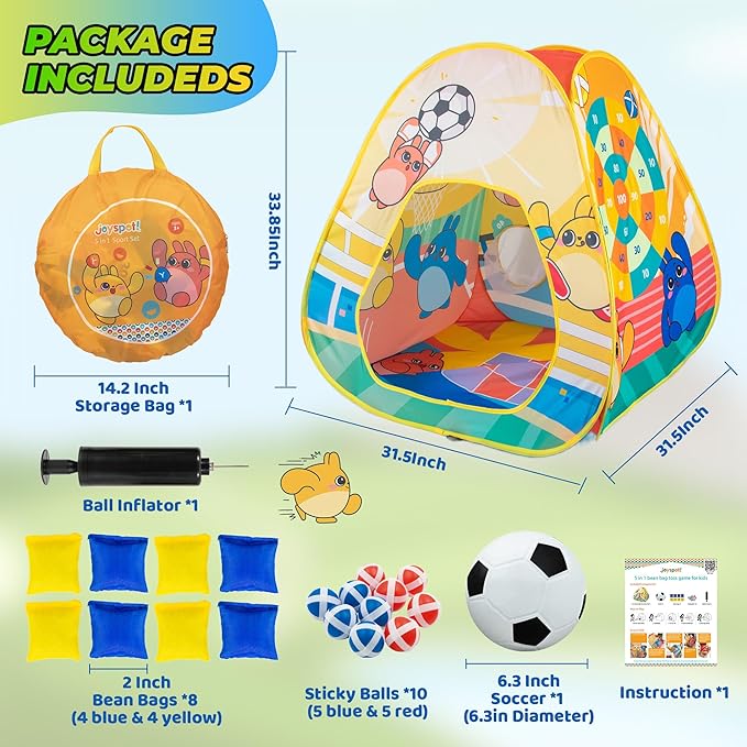 5-in-1 Kids Play Pop Up Tent with Bean Bag Toss Game Outdoor Toys, Tic Tac Toe, Dartboard,Soccer, Basketball, Carnival Outside Combo Set for Backyard Beach Lawn Party Fun, Birthday Gift for Boys Girls