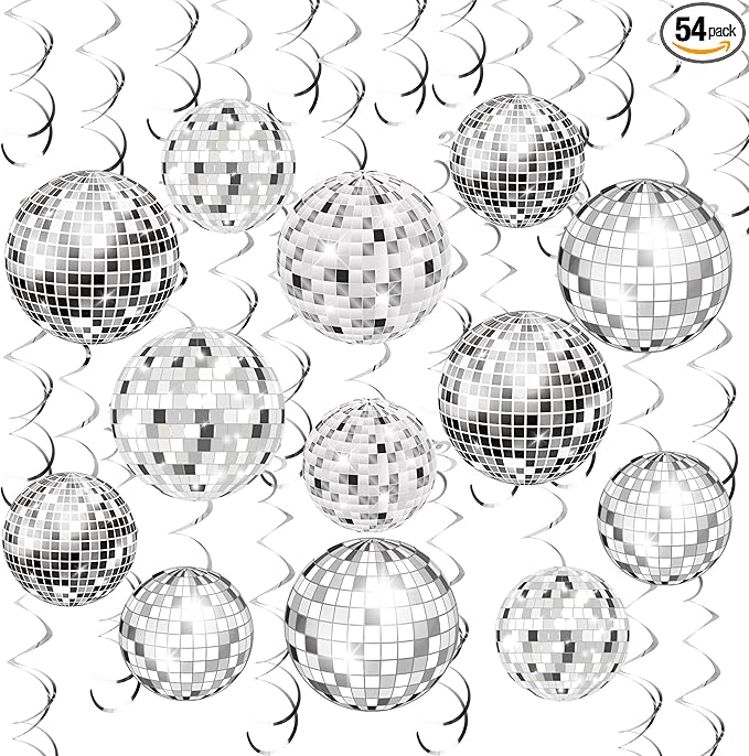 54 Pieces Disco Party Decorations Sliver Disco Ball Hanging Swirls 70s Ceiling Decor for 70s Fever Hippie Birthday Party Supplies