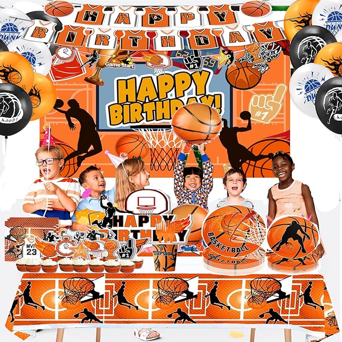 Basketball Party Supplies, Basketball Sports Theme Birthday Party Supplies Tableware Set,Include Basketball Plates and Napkins,Cups,Banner,Tablecloth for Basketball Birthday Decorations (Set C)