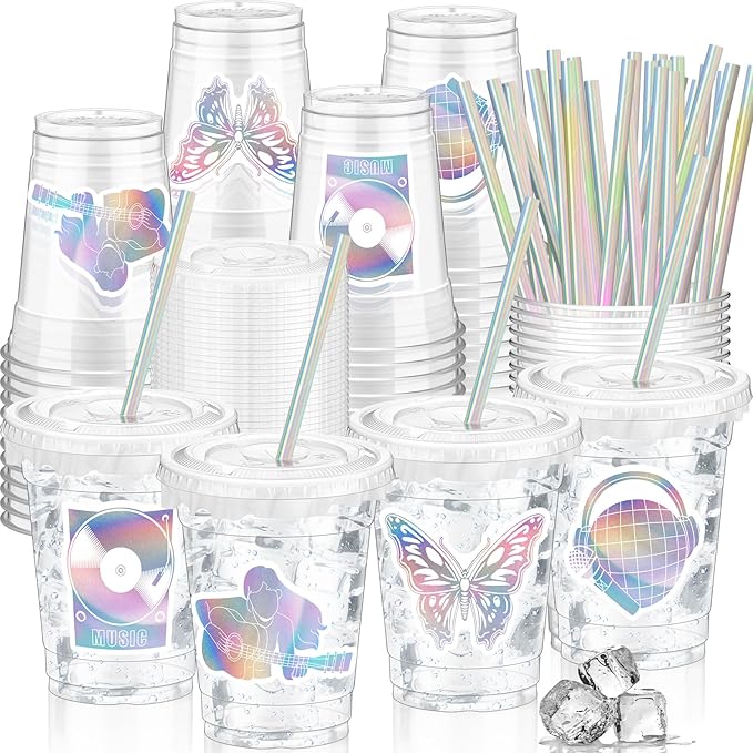Domensi 50 Pcs Singer Birthday Party Pink Purple Music Theme Party Cups Holographic Birthday Supplies 12 oz Disposable Plastic Cup with Lid Straw Concert Guitar Disco Iridescent for Singer Fans
