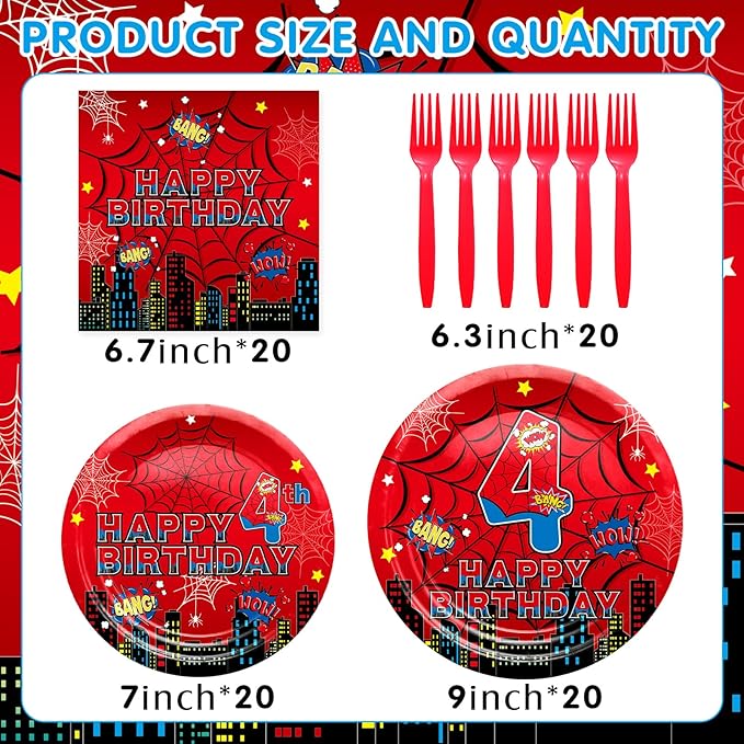 Red Spider 4th Birthday Party Supplies, Spider Web Birthday Plates Set Include Paper Plates, Napkins, Forks for Spider Themed Party Favors