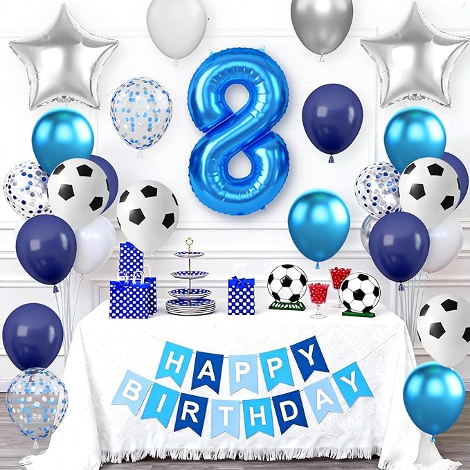 Soccer Birthday Party Decoration for Boys, 8th Soccer Birthday Decoration with Blue White Silver Balloons 'HAPPY BIRTHDAY' Banner 32in Foil 8 Balloon for Boy Kids Birthday Baby Shower Decor