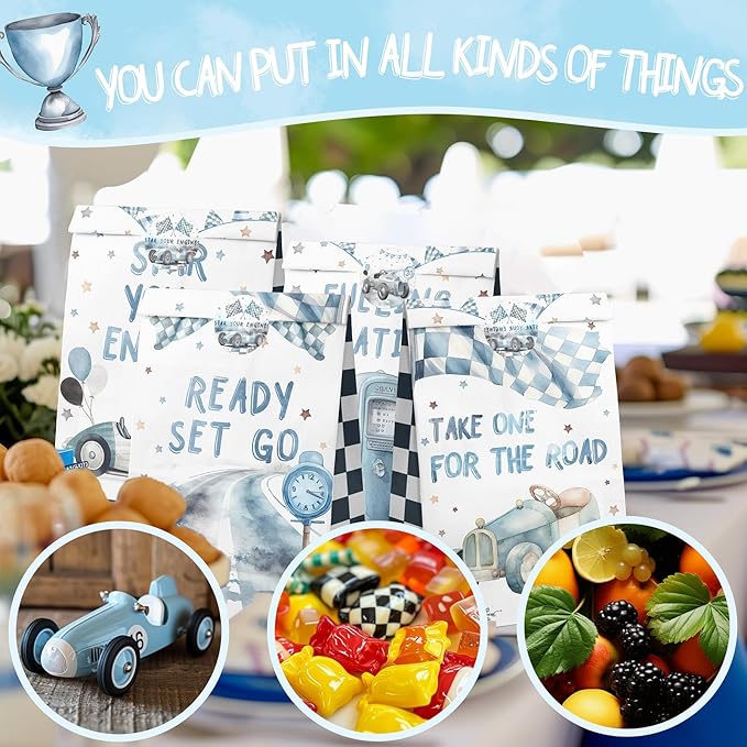 Race Car Party Favor Bags - 24 Pcs with Stickers - Watercolor Race Car Themed Birthday Party Supplies