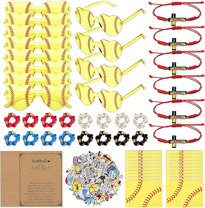 150 Pcs/20 Sets Softball Team Gifts for Girls - Softball Senior Night Gifts with Scrunchies Makeup Bags Sunglasses Bracelets Stickers Sport Birthday Party Favors for Girls