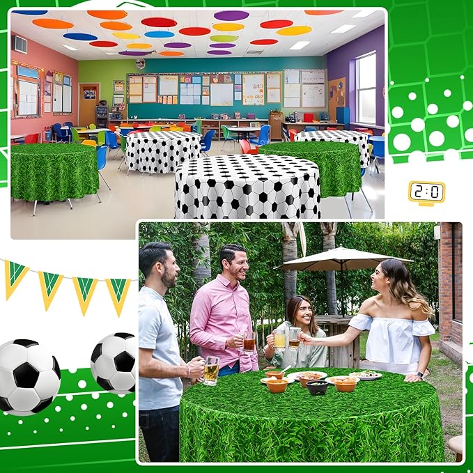 6 Pack Round Soccer Tablecloth 84 Inch Plastic Soccer Grass Party Decorations Disposable Grass Table Cloth Washable Disposable Circle Table Cover for Birthday Party Supplies Decoration