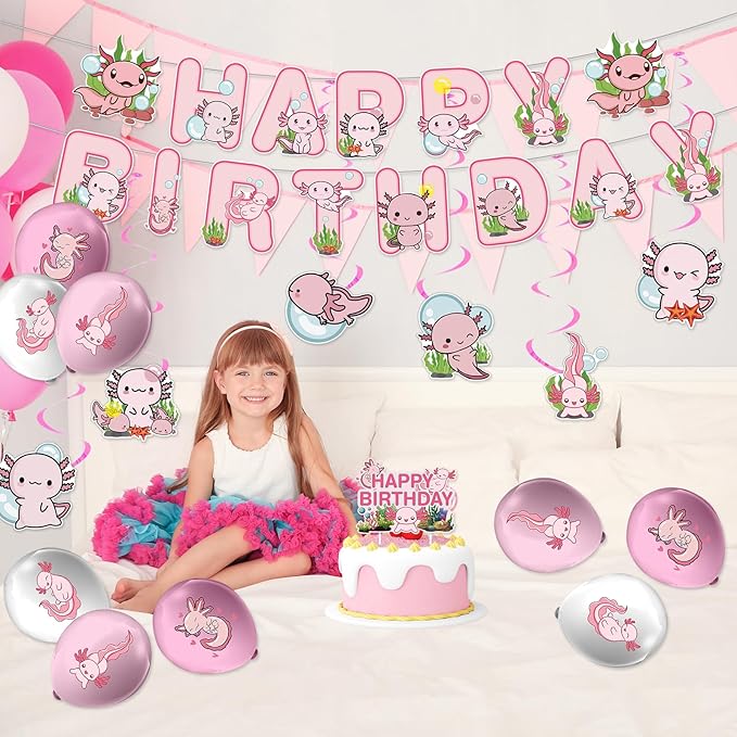 39 Pcs Axolotl Party Decorations, Include Pink Cute Cartoon Animals Happy Birthday Banners, Spiral Ornaments, Cupcaketoppers, Pink Axolotl Balloons for Birthday Party Supplies