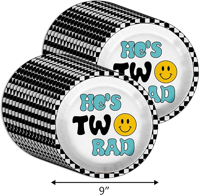 Two Rad Smiley Face Second Birthday - 32 Piece Disposable Party Supplies - Decorations for 2nd Birthday Round Party Plates - Large 9" Paper Plates In Bulk