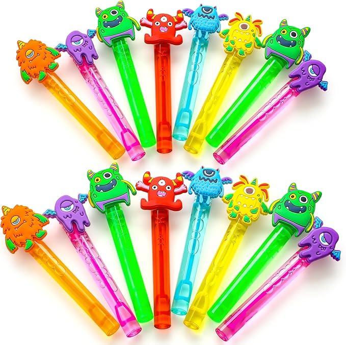 Winrayk Monster Party Favors, 24Pcs Self-designed Mini Bubble Wands for Kids Bubbles Bulk with Detachable Topper (6 Styles & Colors), Birthday Gift Toy Pinata Filler Goodie Bag Stuffer Classroom Prize