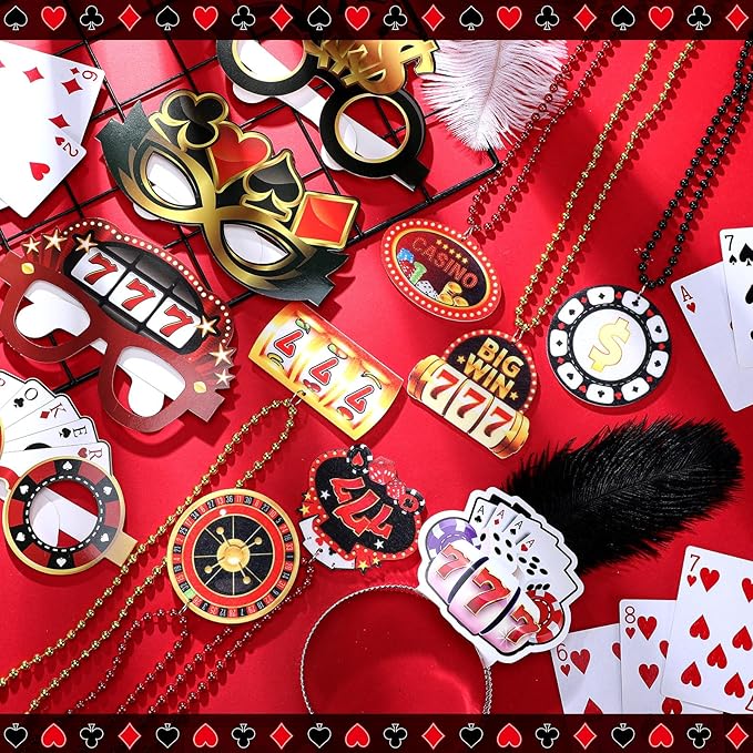 Landical 36 Pcs Casino Night Party Supplies 12 Beaded Necklaces 12 Hat Headbands 12 Paper Night Glasses Prop Accessories Tiaras Poker Dice Sign Casino Party Favors Las Vegas Game Decorations