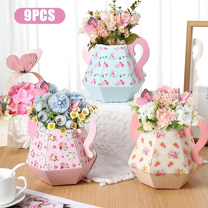 Fulmoon 9 Pcs Tea Party Decorations 6.7'' Flower Box Table Paper Teapot Princess Centerpiece Vase Table Decor Wonderland Fancy Party Decor for Floral Tea Birthday Baby Shower Wedding (Cute)