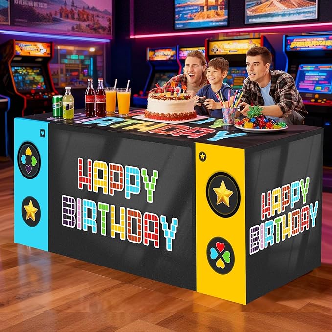Oudain 6 ft Video Game Theme Tablecloth Birthday Party Supplies Game Party Decoration Tablecloth 72 x 30'' Retro Table Cover Washable Fabric Polyester Rectangle Table Cover