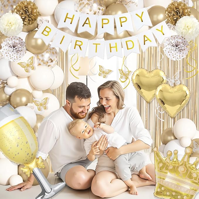 White and Golden Birthday Party Decorations Happy Birthday Banner Fringe Curtains Butterfly Gold White Sand Confetti Foil Balloons Happy Birthday