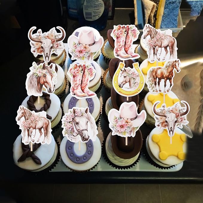 40 PCS Horse Cupcake Toppers Floral Horse Western Cowgirl Cupcake Picks Horseshoe Hat Boots Cowgirl Birthday Cake Decorations for Horse Western Cowgirl Theme Baby Shower Girls Birthday Party Supplies