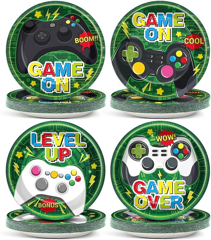 48PCS Video Game Party Paper Plates for Video Game Birthday Themed Party Supplies 7" Boys Gamer kids Disposable Plates Green Gaming Controller Dessert Level Up Plate for Baby Shower Favors Decorations