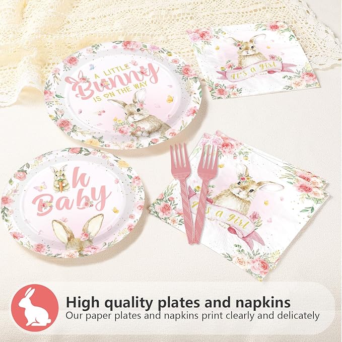 96 Pcs Easter Bunny Baby Shower Party Supplies A Little Bunny is on The Way Plates and Napkins Disposable Pink Floral Rabbit Tableware Set for Girls Baby Shower Party Decorations Serves 24