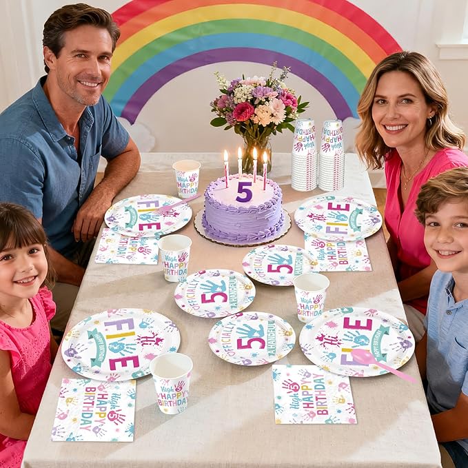 168Pcs Hi Five Birthday Party Decorations Colorful High Five Theme Plates and Napkins Cups Forks Disposable Boho 5th Tableware Sets for 5 Years Old Birthday Party Supplies Serves 24
