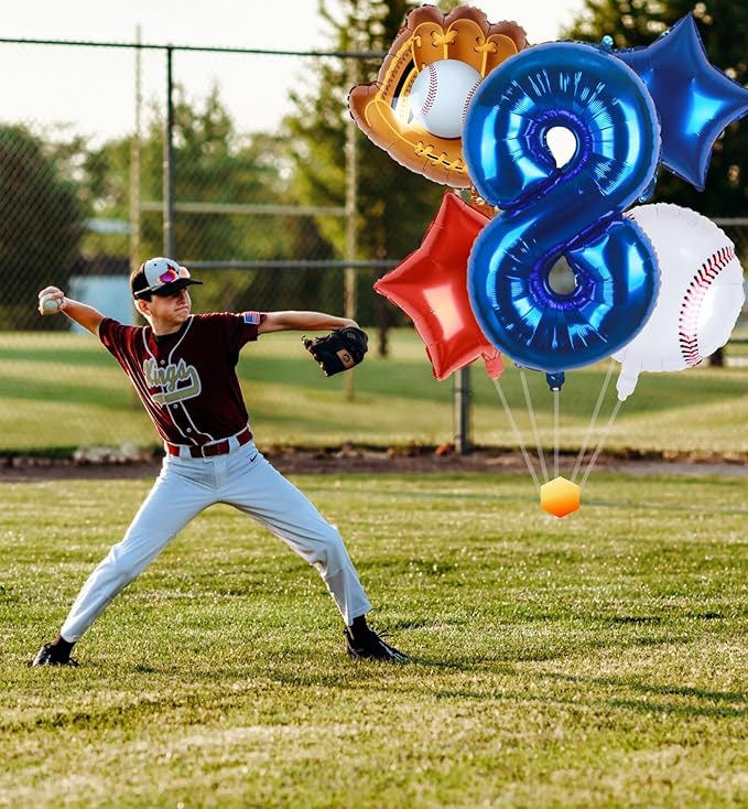 Baseball Balloons 8th Birthday Decorations for Boys | Baseball Birthday Decoration Sports Theme Party Supplies, 32Inch Foil Mylar Number 8 Balloon Navy Blue Red White Sports Balloon Arch Kits
