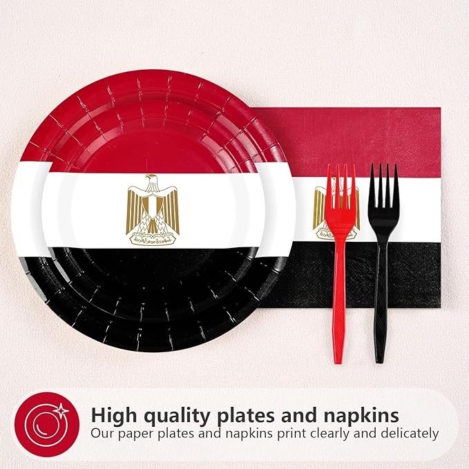96Pcs Egypt Flag Party Supplies Egyptian Flag Plates and Napkins Red White Black Flags Tableware Set for Egyptian National Sports Events Patriotic Festival Birthday Party Supplies Serves 24