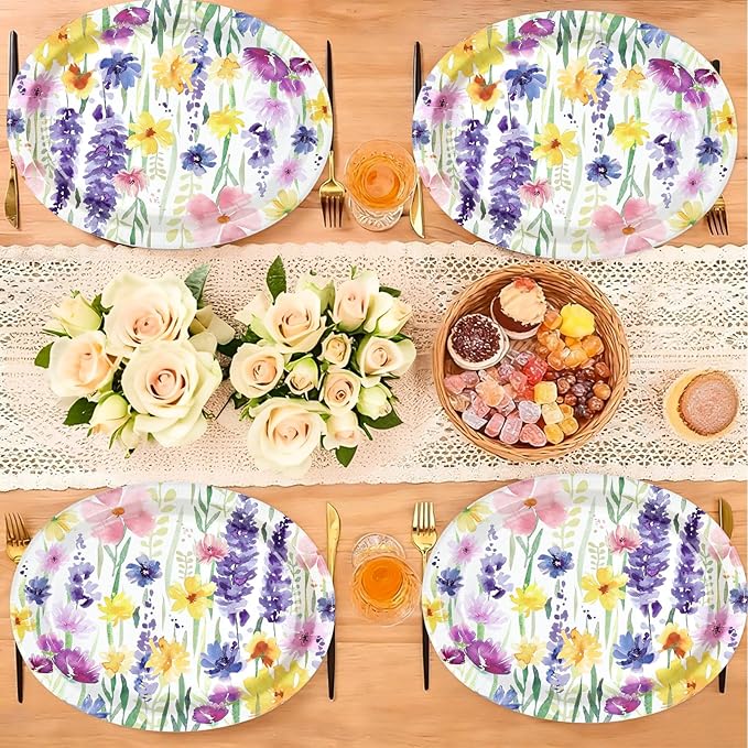 50Pcs Spring Floral Oval Paper Plates 10" x 12" Large Heavy Duty Disposable Flower Vintage Dessert Themed Plates for Spring Summer Floral Holiday Wedding Party Supplies Decorations