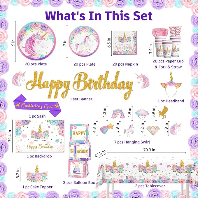 cocomigo 246PCS Unicorn Birthday Decorations Set, All-in-One Party Supplies Pack with 20 Plates, Purple Unicorn Party Supplies for Girl Birthday Party, Serves 20 Guests