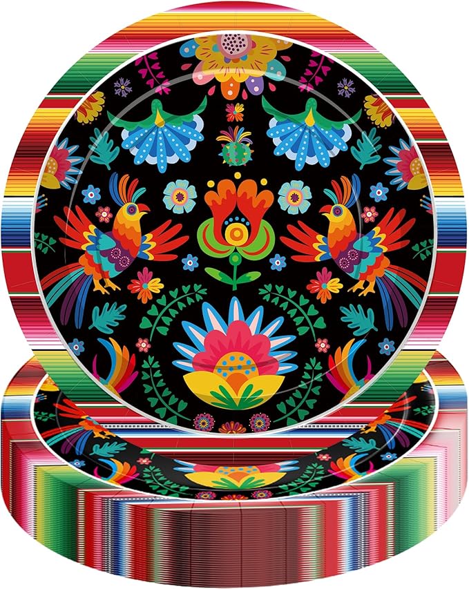 Pack of 50, 9-Inch Mexican Fiesta Paper Plates, Colorful Floral and Serape Stripe Design, Disposable Plates for Tacos, Snacks, Desserts, Cinco de Mayo Party Supplies, and Birthday Table Decorations