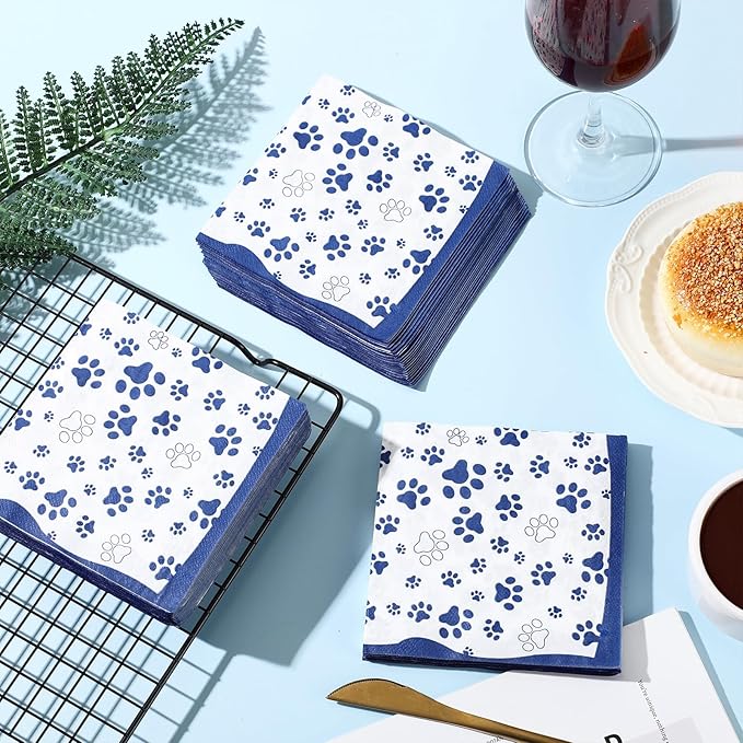 CHENGU 100 Pieces Paw Print Napkins 2 Layers Paw Print Party Supplies Farm Animal Party Napkins for Animal Themed Birthday Western Part, 5 x 5 Inch(Blue)