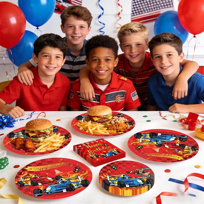 96Pcs Car Racing Birthday Party Decorations Car Birthday Plates and Napkins Sets Red Race Car Themed Decorations for Wheel Sports Boys Birthday Pit Stop Party Supplies Serves 24