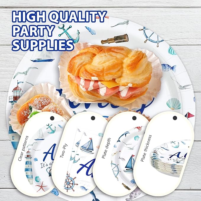 Grencian 96 Pcs Boy Nautical Party Decorations Oh It's A Boy Plates and Napkins Disposable Blue White Tableware Sets for Boys Baby Shower Baby Gender Reveal Birthday Sailing Party Supplies Serves 24