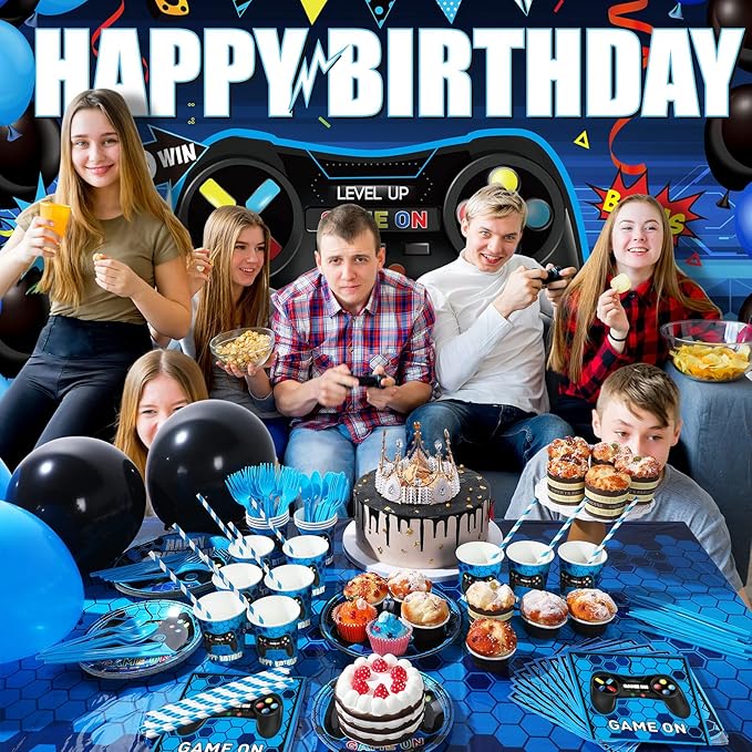 Tatuo 152 Pieces Video Game Birthday Party Supplies Gamer Party Table Cover Happy Birthday Backdrop Banner Tableware Balloons Sets for Boys Men Theme Party Decoration