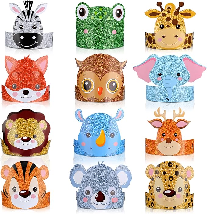 24 Pcs Animal Birthday Party Hats Animal Headbands Jungle Safari Animal Paper Party Crown for Girls Kids (Jungle Animal)