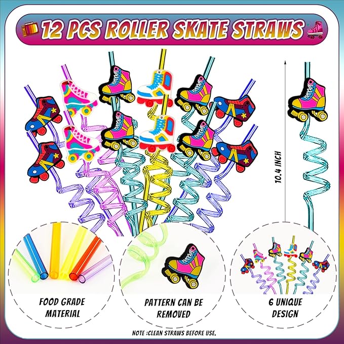 134 Pcs Roller Skate Party Favors Set with Straws Keychains Slap Bracelet Tattoo Roller Skate Stickers Wristbands Goodie Bags Roller Skating Party Supplies Skate Party Decorations