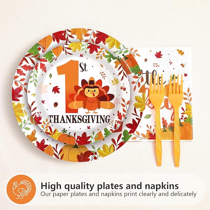 Grencian 96Pcs Thanksgiving 1st Birthday Decorations Our Little Turkey Is Turning One Plates and Napkins Fall 1st Birthday Tableware Set for Thanksgiving Turkey-Themed Baby Shower Party Supplies