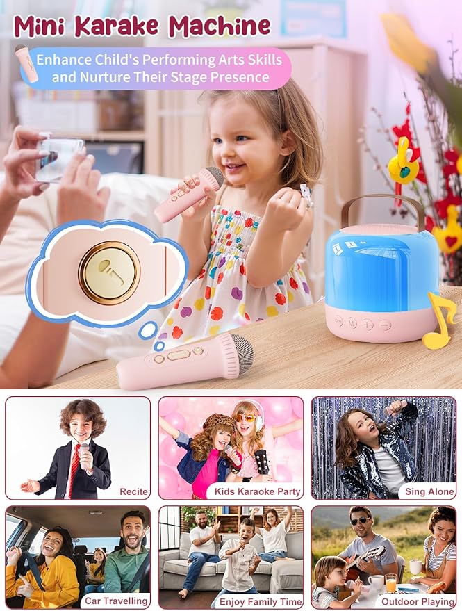 Mini Karaoke Machine for Kids Portable Bluetooth 5.3 Speaker with 2 Wireless Kareokee Microphones, 360° Colorful LED Light Karaoke Toy Gifts for Girls Boys Ages 4-12 Birthday(Peach Pink-2 Mic)