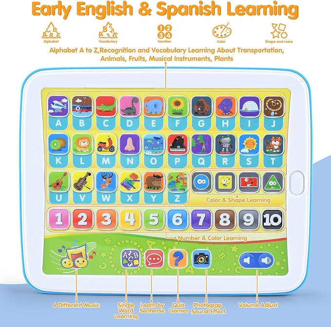 PLAY Bilingual Spanish & English Learning Toys for Toddlers 1-3, Kids Interactive Learning Tablet, Childrens Alphabet ABC/Words/Numbers/Colors Learning Pad, Education Toy for Babies 24 Month+