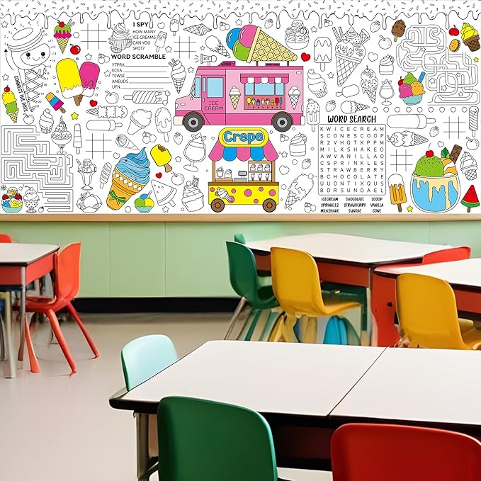 Ice Cream Giant Coloring Poster for Kids Summer Large Coloring Tablecloth Big Paper Sheets Page Sweet Theme Table Cloth DIY Activity Game Art Crafts Mat Wall Home Party Decoration Supplies