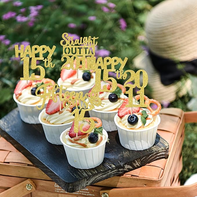 30PCS Straight Outta 2011 Cupcake Toppers Gold Glitter Fifteen Happy 15th Birthday Cupcake Picks Cheers to 15 Years Cake Decorations for 15th Birthday Anniversary Party Decoration Supplies