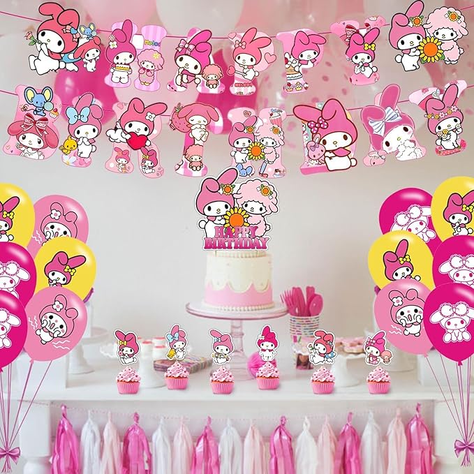 Melody Party Decorations,Melody Birthday Party Supplies Includes Banner- Cake Topper - 12 Cupcake Toppers - 18 Balloons