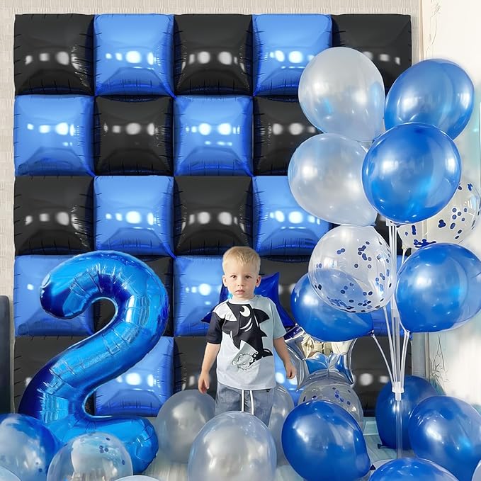 Black Blue Square Foil Balloon Wall,25Pcs Double Sided Foil Balloons Backdrop Helium Polyester Tunnel Arch Garland Kit for Birthday Bridal Anniversary Baby Shower Party Decorations