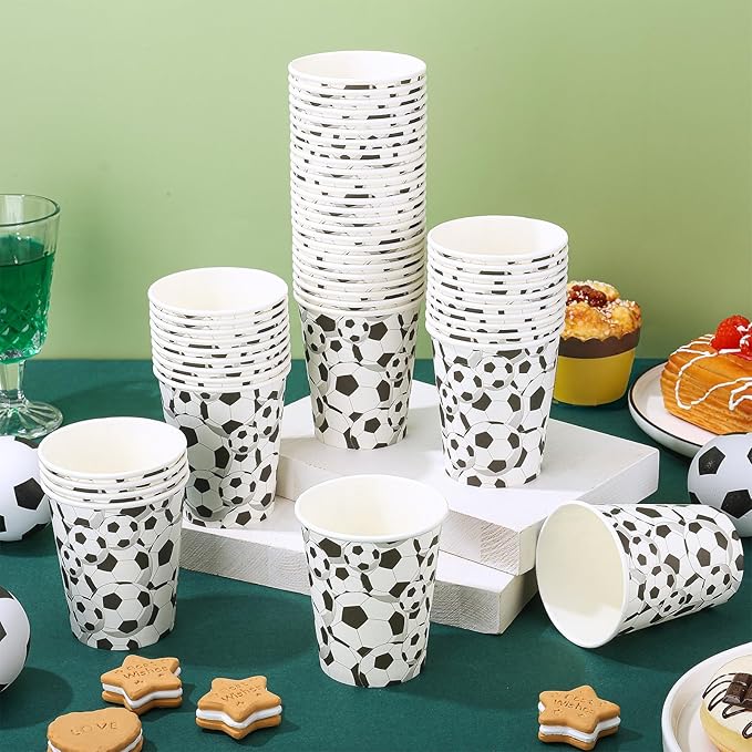 Teling 100 Pieces Soccer Themed Party Paper Cups Disposable 9oz Paper Cups for Sports Supplies Decorations Drinking for Birthday Party Favors