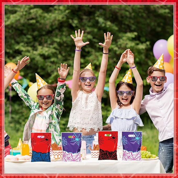 Soulchen 48 Pieces Spiderweb Birthday Party Decoration Set Spiderweb Gift Bags Spider Silicone Bracelet Sunglasses Cobweb Sticky Hands Toys for Birthday Party Supplies Favors (Vibrant)