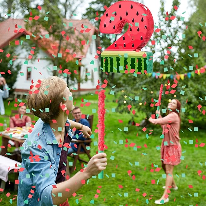 Watermelon Piñata Fruit Number 2 Red Watermelon 2nd Birthday Piñata with Bat Stick Blindfold Mask Confetti for Summer Birthday Party Supplies(2)