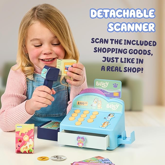 Bluey Cash Register Playset, Interactive Play Register with Detachable Scanner, Toy Credit Card, and Dollar Bucks, Shopping Toys for Kids Ages 3+