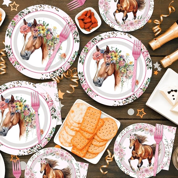 Horse Birthday Party Supplies Tableware - 96 Pcs Cowgirl Birthday Party Decorations, Horse Themed Party Paper Plates and Napkins Sets with Forks, Western Baby Shower Disposable Dinnerware, Serves 24