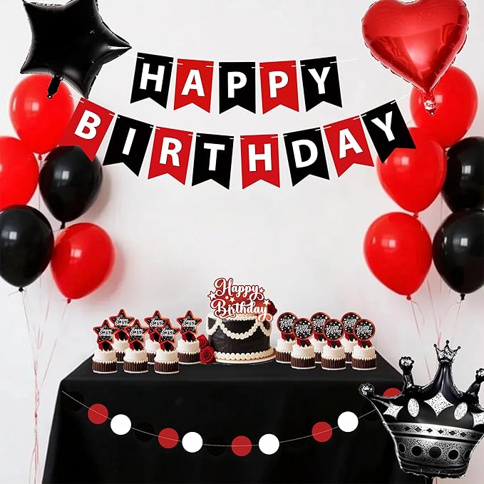 Red And Black Birthday Decorations for Women,Fringe Curtains Happy Birthday Banner,Red balloons,Cake Toppers for girls