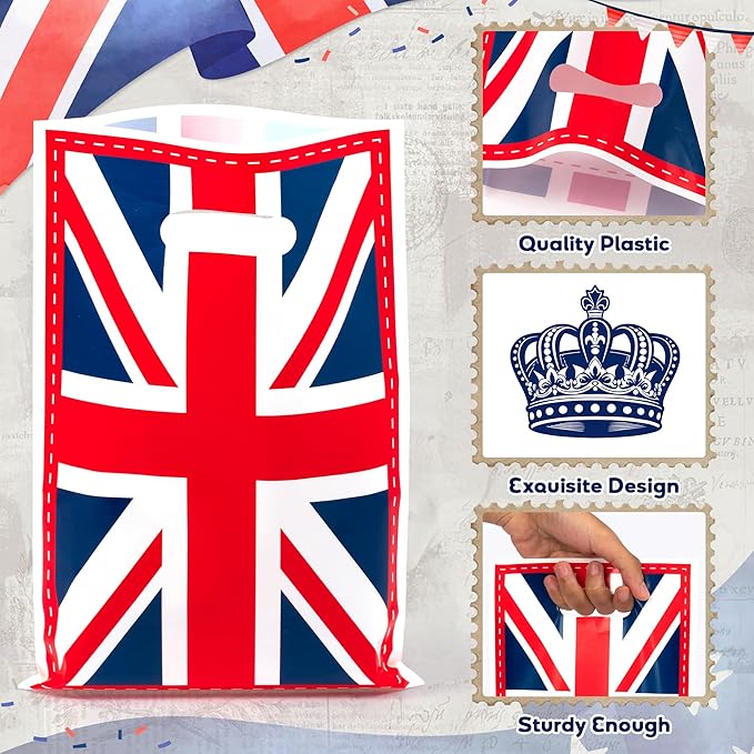 50Pcs British Flag England Party Favor Bag - UK Britain Crown Plastic Waterproof Goodie Bags United Kingdom Rectangular Gift Pack for Kids Family House Party Birthday Decoration Supplies