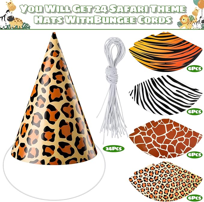 Spiareal 24 Pieces Safari Party Hats Jungle Animal Safari Theme Cone Paper Hats for Kids Zoo Birthday Party Supplies Favor