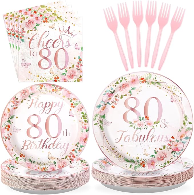 Grencian 96Pcs 80th Birthday Decorations for Women Floral 80th Birthday Party Plates and Napkins Disposable Rose Gold 80 Fabulous Tableware Set for Women 80 Years Old Party Supplies, Serves 24