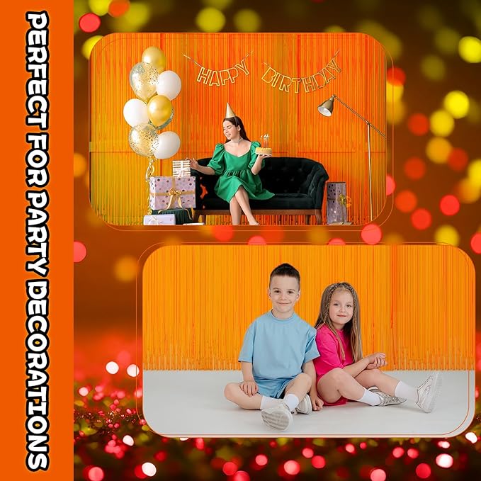 2 Pack Glow in The Dark Curtains Party Supplies 6.6 x 3.3 Ft Glow Tinsel Foil Fringe Curtains Orange Photo Booth Prop Backdrop Streamer for Birthday Holiday Neon Party Decorations